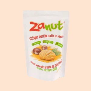 Confezione da 100g di castagne morbide cotte a vapore Zanut, snack naturale pronto da gustare, senza glutine e ricco di fibre.