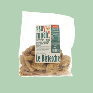 Confezione di Bistecche di Soia Stella da 200 grammi, prodotto vegetale senza glutine, ricco di proteine e fibre, in sacchetto trasparente con etichetta frontale.