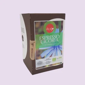 Scatola da 25 cialde monodose di cicoria espresso biologica DICAF, con etichetta verde e fiore blu in primo piano.