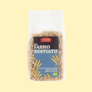 Confezione di farro soffiato biologico Stella, cereale croccante ad alto contenuto di fibre e proteine.