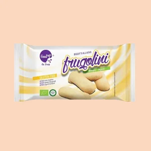 Confezione di Frugolini FoodUp, biscotti all’uovo biologici, senza glutine, senza olio di palma e senza agenti lievitanti.