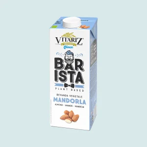 Cartone da 1 L di bevanda vegetale alla mandorla Vitariz “Barista”, tappo bianco su fondo blu, illustrazione di mandorle sul fronte.