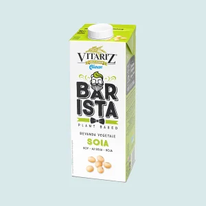 Cartone da 1 L di bevanda vegetale alla soia Vitariz “Barista” alla soia, tappo bianco, dettagli verdi e illustrazione di chicchi di soia sul fronte.