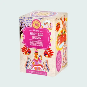 Confezione di infuso biologico "Berry Bliss Infusion" Ministry of Tea da 20 filtri, con illustrazioni colorate e vivaci. Miscela rinfrescante a base di fragola, mora e fiori di ibisco.