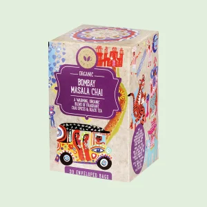 Confezione di tè nero biologico Ministry of Tea "Bombay Masala Chai", decorata con illustrazioni vivaci e motivi etnici, contiene 20 filtri avvolti singolarmente.