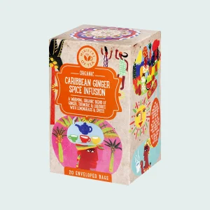 Confezione di tè biologico Ministry of Tea "Caribbean Ginger Spice Infusion" con 20 filtri, decorata con illustrazioni colorate e indicazioni sugli ingredienti: zenzero, curcuma, liquirizia, citronella e spezie.