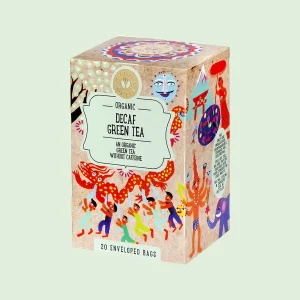 Confezione di tè verde biologico decaffeinato "Decaf Green Tea" Ministry of Tea da 20 filtri, con illustrazioni colorate. Tè verde senza caffeina, 100% biologico.