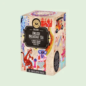 Confezione di tè nero biologico "English Breakfast Tea" Ministry of Tea da 25 filtri, con illustrazioni vivaci e colorate. Miscela robusta di tè nero indiano, ideale per la colazione.