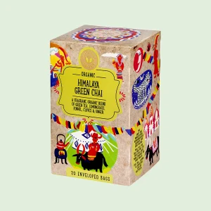 Confezione di tè biologico "Himalaya Green Chai" Ministry of Tea da 20 filtri, con illustrazioni colorate in stile himalayano. Tè verde con citronella, finocchio, chiodi di garofano e zenzero.