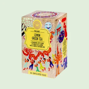 Confezione di tè verde biologico al limone "Lemon Green Tea" Ministry of Tea da 20 filtri, con grafica vivace e decorazioni colorate. Tè fresco e agrumato con un tocco di caffeina.