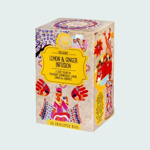 Confezione di infuso biologico "Lemon & Ginger Infusion" Ministry of Tea da 20 filtri, con grafica colorata e disegni etnici. Contiene citronella, limone, zenzero e liquirizia.