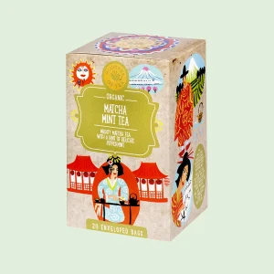 Confezione di tè biologico Ministry of Tea "Matcha Mint Tea", decorata con illustrazioni orientali e personaggi tradizionali. Contiene 20 filtri avvolti singolarmente.