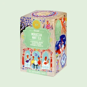 Confezione di tè biologico "Moroccan Mint Tea" Ministry of Tea da 20 filtri, con illustrazioni ispirate al Marocco. Miscela rinfrescante di tè verde e menta piperita.