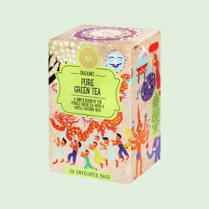 Confezione di tè verde biologico "Pure Green Tea" Ministry of Tea da 20 filtri, con illustrazioni colorate e festose. Miscela semplice di tè verde puro con una delicata carica di caffeina.