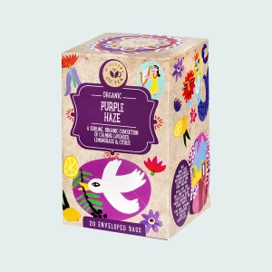 Confezione di infuso biologico "Purple Haze" Ministry of Tea da 20 filtri, decorata con illustrazioni vivaci e una colomba bianca. Miscela rilassante di lavanda, citronella e agrumi.
