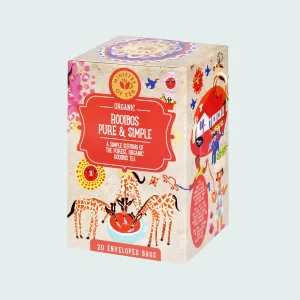 Confezione di tisana biologica "Rooibos Pure & Simple" Ministry of Tea da 20 filtri, decorata con giraffe che bevono da una tazza. Infuso naturale, privo di caffeina, 100% rooibos puro.