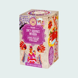 Confezione di infuso biologico "Spicy Liquorice Infusion" Ministry of Tea da 20 filtri, con grafica vivace e colorata. Miscela riscaldante di liquirizia, menta piperita e verbena al limone.