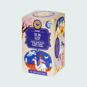 Confezione di infuso biologico "The Big Sleep" Ministry of Tea da 20 filtri, con illustrazioni oniriche e colori rilassanti. Miscela naturale con rooibos, valeriana, camomilla e cannella.