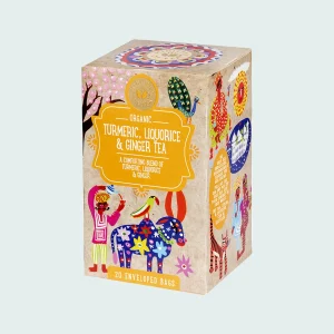 Confezione di infuso biologico Ministry of Tea "Curcuma Liquirizia e Zenzero", con design colorato e fantasie etniche, contenente 20 filtri.