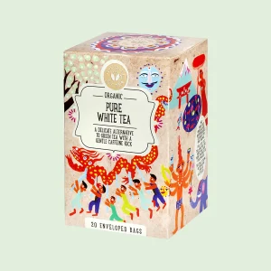 Confezione di tè biologico "Pure White Tea" Ministry of Tea da 20 filtri, con illustrazioni colorate e festose. Infuso delicato a base di tè bianco, alternativa al tè verde con lieve contenuto di caffeina.