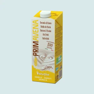 Cartone da 1 L di bevanda di avena alla vaniglia biologica Primavena, tappo bianco, dettagli gialli e vortice di latte d’avena con fiore di vaniglia sul fronte.