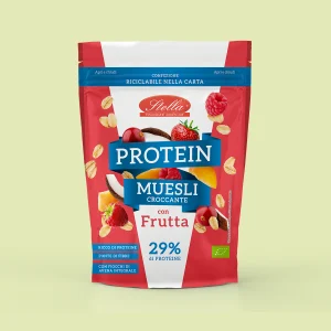 Sacchetto stand-up richiudibile di muesli proteico croccante Stella, con frutta mista, 29 % di proteine, confezione rossa riciclabile in carta.