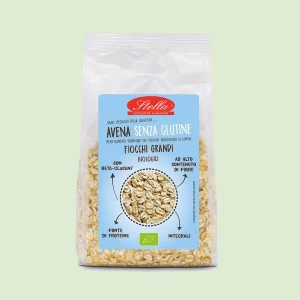 Confezione di fiocchi d’avena biologici senza glutine Stella, ideali per colazioni nutrienti, ricchi di fibre e beta-glucani.