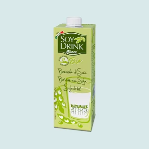Cartone da 1 L di bevanda di soia naturale biologica Soy Drink Alinor, tappo bianco, confezione verde con illustrazione di baccelli di soia e bicchiere sul fronte.
