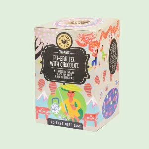 Confezione di tè biologico "Pu-Erh Tea with Chocolate" Ministry of Tea da 20 filtri, decorata con illustrazioni orientali. Miscela di tè nero fermentato con un tocco di cioccolato.
