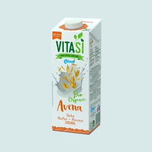 Cartone da 1 L di bevanda di avena biologica senza glutine VitaSì, tappo bianco, fiocchi d’avena che si tuffano nel latte sul fronte.