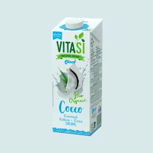 Cartone da 1 L di bevanda al cocco biologica senza glutine VitaSì, tappo bianco, spicchio di cocco che si tuffa nel latte sul fronte.