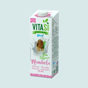 Cartone da 1 L di bevanda alla mandorla biologica senza glutine VitaSì, tappo bianco, mandorle che si tuffano nel latte sul fronte.