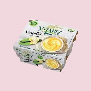 Confezione di 4 dessert da 100g di riso biologico alla vaniglia Vitariz, vasetti in cartoncino con crema alla vaniglia e baccelli sul fronte.