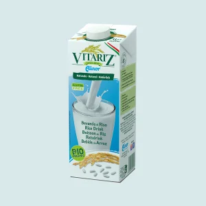 Cartone da 1 L di bevanda di riso naturale biologica Vitariz, tappo bianco, bicchiere con latte di riso e chicchi di riso sul fronte.