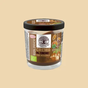Vasetto in vetro da 200g di crema spalmabile biologica al cacao con nocciole del marchio L’Albero del Bio, con etichetta marrone e tappo nero.