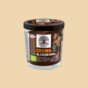 Vasetto in vetro da 200g di crema spalmabile fondente biologica al cacao dark del marchio L’Albero del Bio, con etichetta marrone scura e tappo nero.