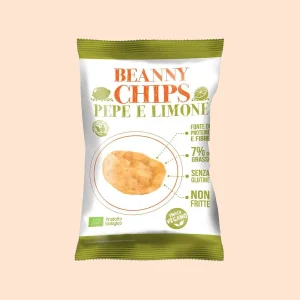 Confezione di Beanny Chips Pepe e Limone da 40g, snack vegano e biologico, senza glutine, non fritto, fonte di proteine e fibre, con 7% di grassi. Packaging bianco con dettagli verdi.