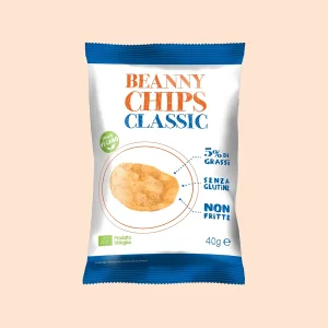 Confezione da 40g di Beanny Chips Classic biologiche, snack vegano senza glutine, non fritto, con solo il 5% di grassi.