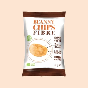 Confezione di Beanny Chips Fibre da 40g, snack biologico, vegano, senza glutine, non fritto e ad alto contenuto di fibre. Packaging bianco con dettagli marroni.