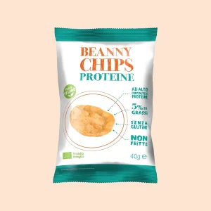 Confezione da 40g di Beanny Chips Proteiche biologiche, snack vegano ad alto contenuto proteico, con solo il 5% di grassi, senza glutine e non fritte.