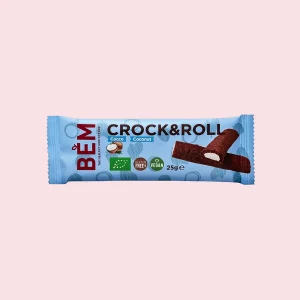 Cannolo croccante Crock&Roll Bèm al cocco 25g – snack biologico, senza glutine e vegan, in confezione azzurra.