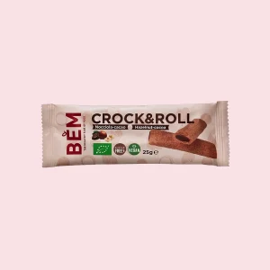 Cannolo croccante Crock&Roll Bèm nocciola e cacao 25g – snack bio, senza glutine e vegan in confezione beige.