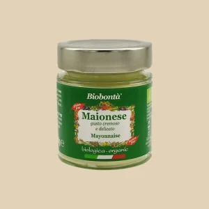 Vasetto da 130g di maionese biologica Biobontà, con etichetta verde, scritta “gusto cremoso e delicato”, tappo in metallo e bandiera italiana.