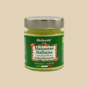 Vasetto da 130g di maionese italiana biologica Biobontà con etichetta verde, tappo in metallo, scritta “ricca ed equilibrata” e bandiera italiana.