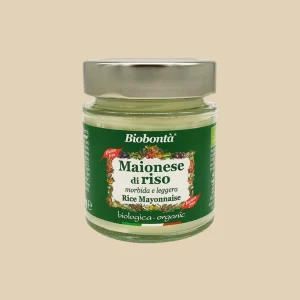 Vasetto da 130g di maionese di riso biologica Biobontà con etichetta verde e tappo in metallo, descrizione “morbida e leggera” e indicazioni “gluten free” e “lactose free”.