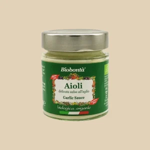Vasetto da 130g di salsa Aioli biologica Biobontà con etichetta verde e tappo in metallo, indicata come “delicata salsa all’aglio”, priva di glutine e lattosio.