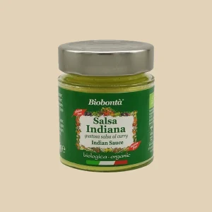 Vasetto in vetro da 130g di salsa indiana biologica Biobontà, etichetta verde con scritte “gustosa salsa al curry” e “biologica – organic”, tappo in metallo argentato.