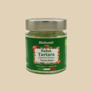 Vasetto da 130g di salsa tartara biologica Biobontà, etichetta verde con scritte “fragante bouquet” e “biologica – organic”, tappo in metallo argentato.