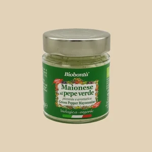 Vasetto da 130g di maionese al pepe verde biologica Biobontà, etichetta verde con scritta “piccante e aromatica”, tappo argentato in metallo.