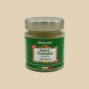 Vasetto da 130g di salsa tonnata biologica Biobontà, etichetta verde con scritte “appetitosa” e “alta gastronomia”, tappo in metallo argentato.